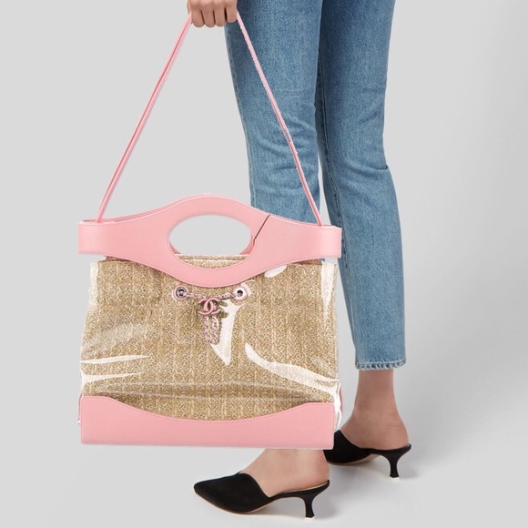 ✧ CHANEL pink leather, PVC & straw tote bag - Picture 13 of 14